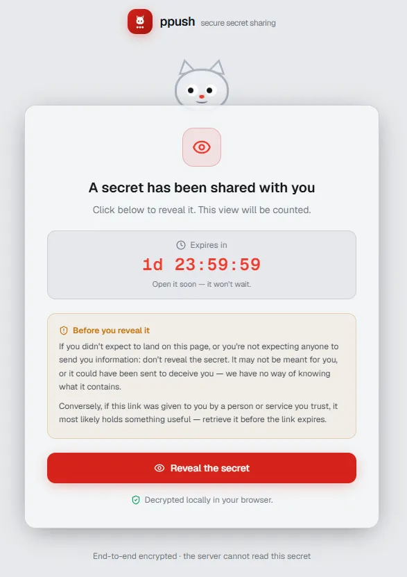 Réception d'un secret — l'étape « cliquer pour révéler »